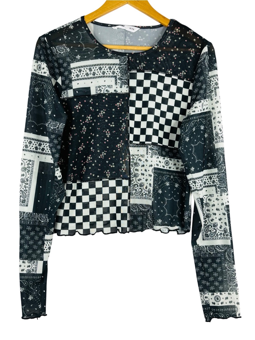 Bluenotes Sheer Long Sleeve Patchwork Floral Check Black Red &White Crop Top XL